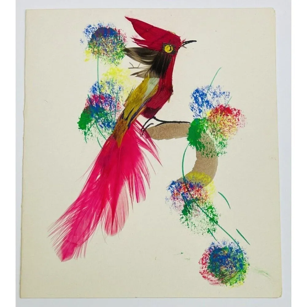VTG 1950s FOLK ART Notecard & Envelope BIRD w/ Real Feathers HANDMADE in Mexico